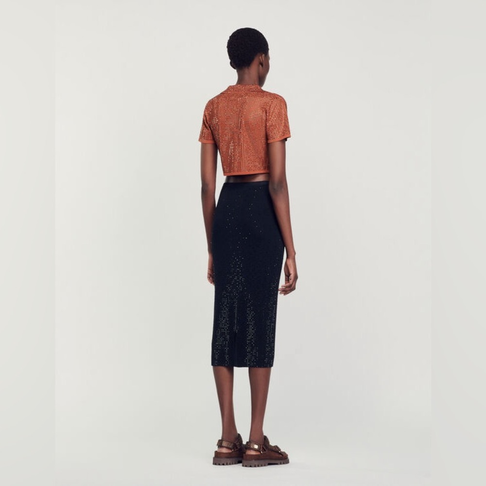 NWT Sandro Manray Black Rhinestone-embellished Midi Skirt—with seam rip - Picture 4 of 11